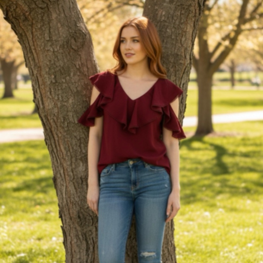 Trina Turk Burgundy Ruffle Cold Shoulder Blouse